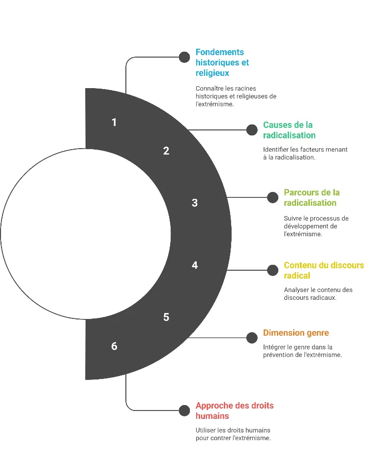 Schéma : les six axes abordés par le manuel PEV
