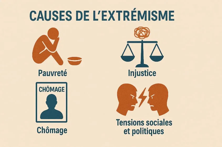 Illustration : causes de l’extrémisme — pauvreté, injustice, chômage, tensions sociales et politiques