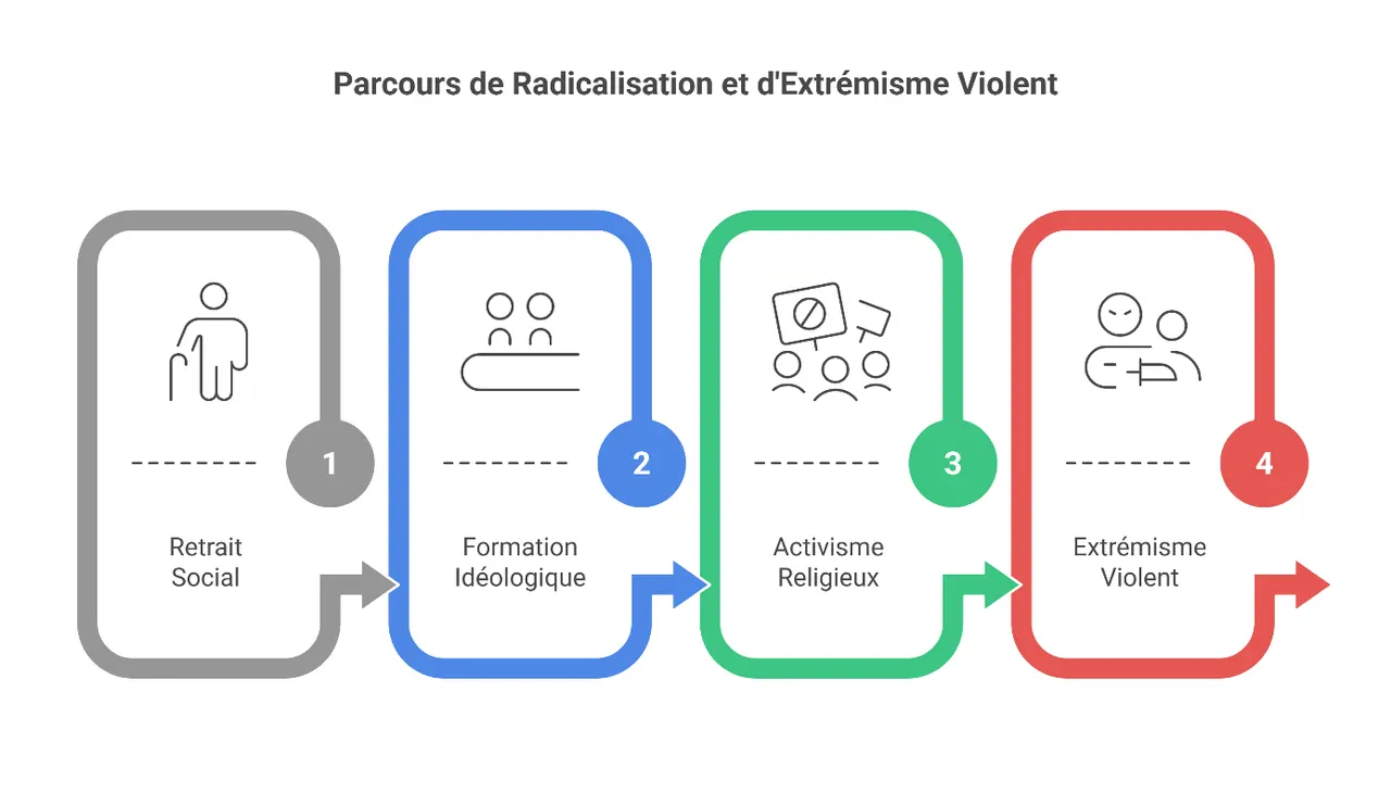 Schéma : parcours de radicalisation et d’extrémisme violent, du retrait social à l’extrémisme violent