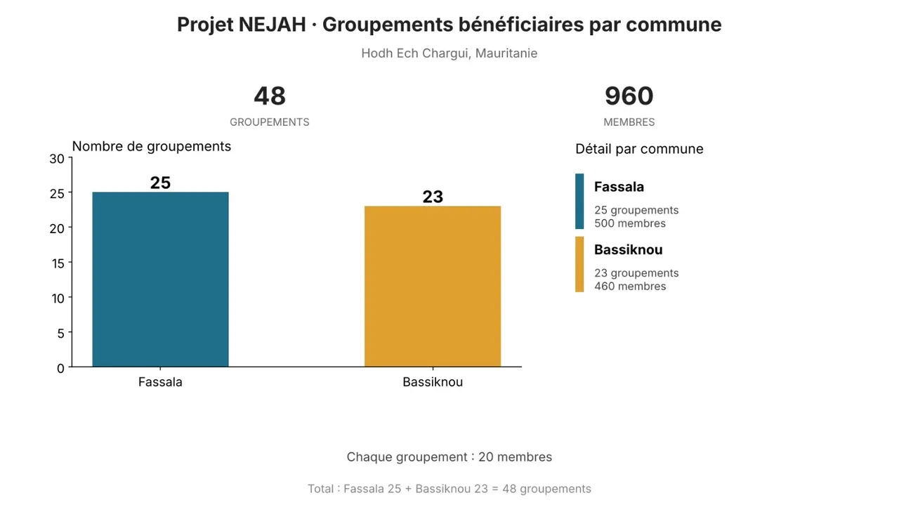 Projet NEJAH, Hodh Ech Chargui : 48 groupements et 960 membres — Fassala 25 groupements (500 membres), Bassiknou 23 (460 membres)