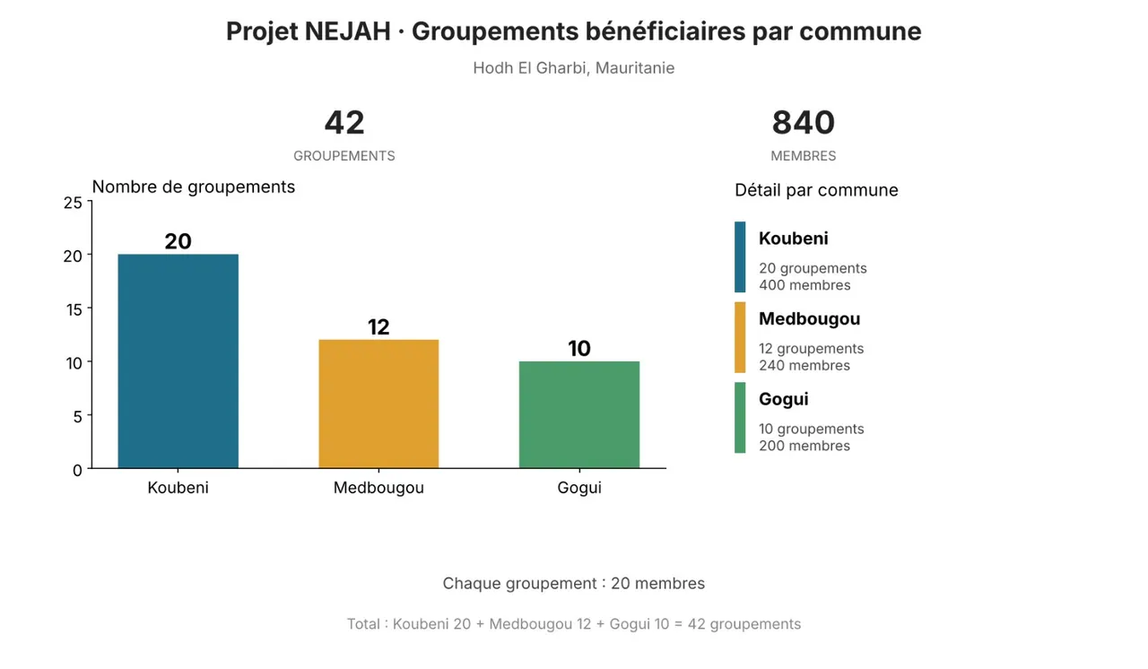Projet NEJAH, Hodh El Gharbi : 42 groupements et 840 membres — Koubeni 20 groupements (400 membres), Medbougou 12 (240 membres), Gogui 10 (200 membres)